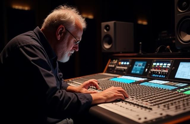 Audio engineer working at a large mixing console in Estudio Harmonia Sonora