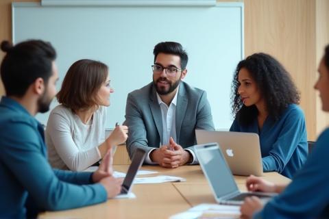 Still from a corporate video showing a team meeting in a modern office