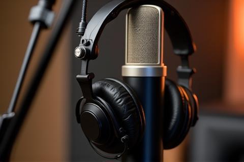 Podcast microphone with headphones setup