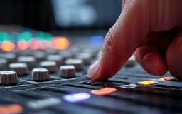 Audio mixing console close-up view