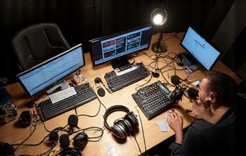 Podcast microphones and headphones setup
